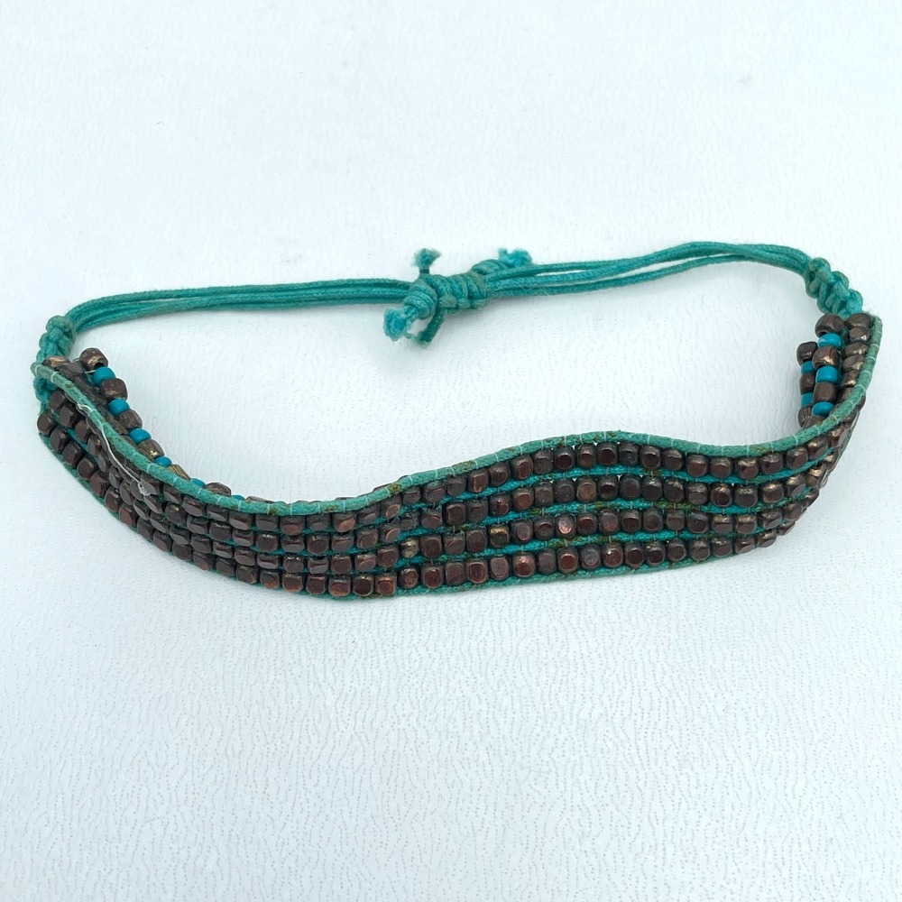 Handmade Turquoise Cord Bohemian-Style Seed Beads Woven Loom Beaded Bracelet